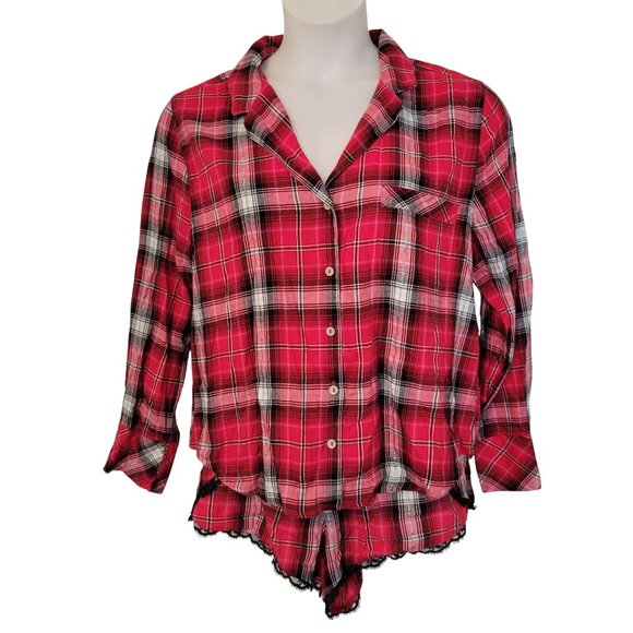 Victorias Secret L Red Plaid 2 Piece Pajama Set Lace Trim Shirt Shorts - Picture 1 of 13